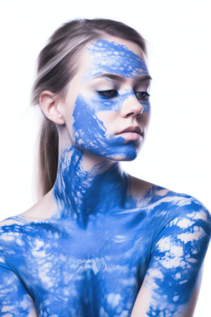a young woman with blue body art isolated on whiteの素材