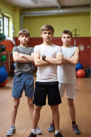 three young teenage boys pushing up their sleeves and standing in the gymnasiumの素材