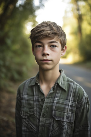 portrait of a teenage boy standing in the outdoorsの素材