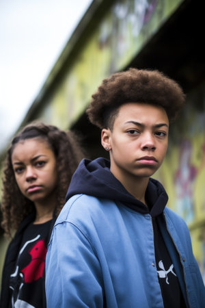 shot of two young teenagers standing against a wall outside with graffiti in the backgroundの素材