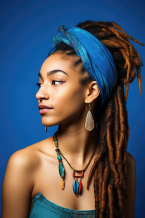 studio shot of a young woman with her hair in dreads posing against a blue backgroundの素材