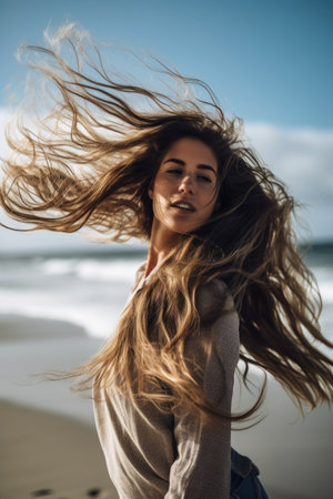 shot of a young woman twirling her long hair at the beachの素材