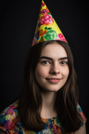 studio shot of a young woman on her birthday wearing a colorful hatの素材