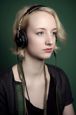 studio shot of a woman wearing headphones around her neckの素材