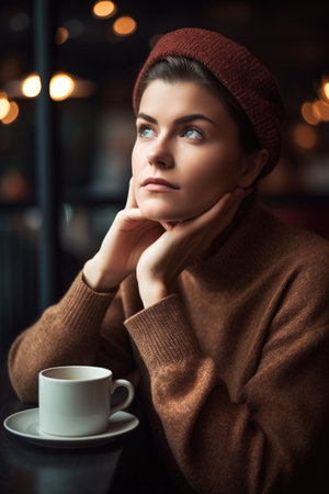 shot of a young woman looking thoughtful while drinking coffee at a cafeの素材