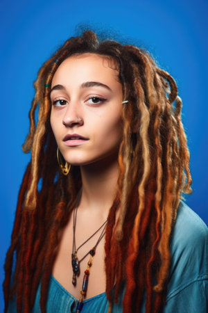 studio shot of a young woman with her hair in dreads posing against a blue backgroundの素材