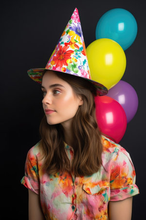 studio shot of a young woman on her birthday wearing a colorful hatの素材
