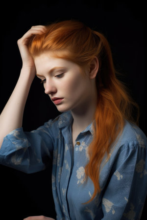 studio shot of a young woman putting her hair upの素材