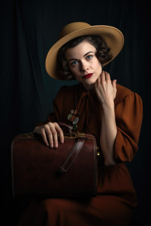 shot of a woman holding her vintage handbag while posing in the studioの素材