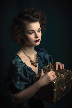 shot of a woman holding her vintage handbag while posing in the studioの素材