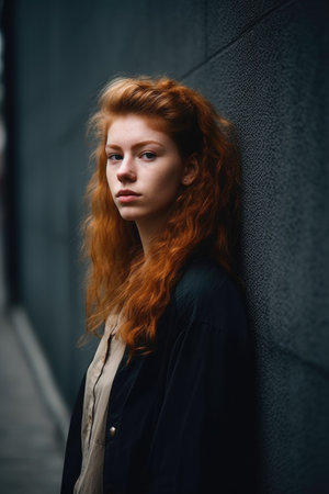 shot of a young woman standing against a wallの素材