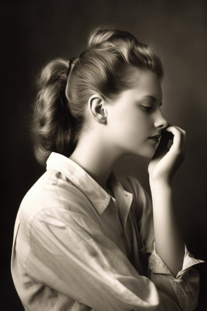 studio shot of a young woman putting her hair upの素材
