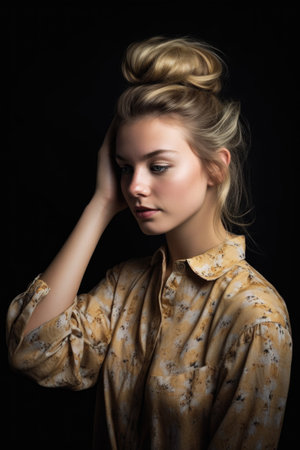 studio shot of a young woman putting her hair upの素材