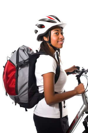 an attractive young woman wearing a rucksack and biking helmet against a white backgroundの素材