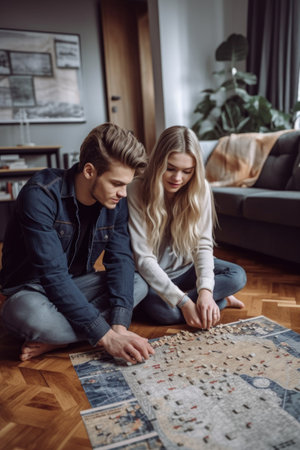 shot of a young couple looking at puzzles together on their living room floorの素材