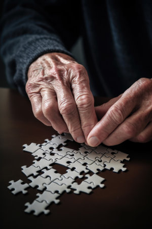 closeup shot of an unrecognizable man holding pieces of a jigsaw puzzleの素材