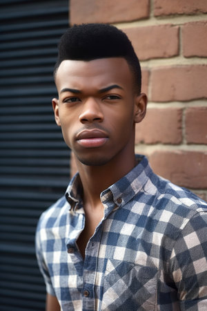 portrait of a confident young man standing outside against a brick wallの素材