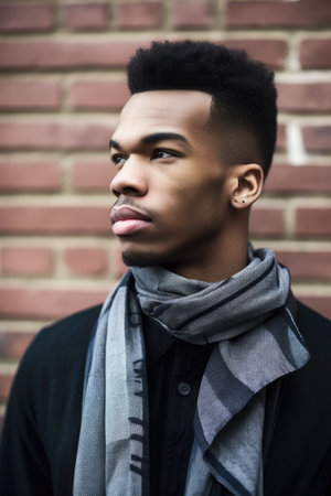 portrait of a confident young man standing outside against a brick wallの素材