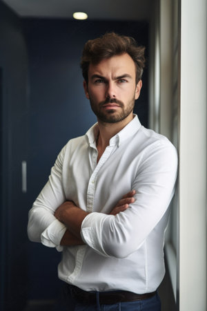 portrait of a handsome young man standing alone in an officeの素材