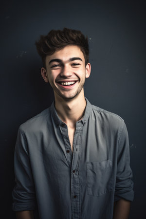 portrait of a happy young man posing against a grey wallの素材