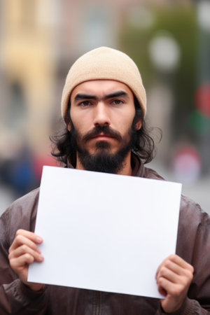 close up of unknown man holding a blank placard with copyspaceの素材