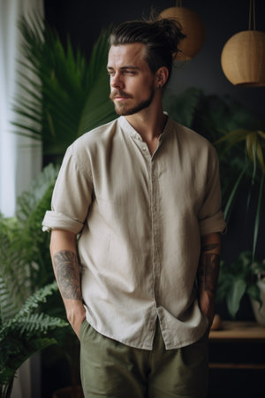 cropped shot of a man in sustainable clothing standing indoorsの素材