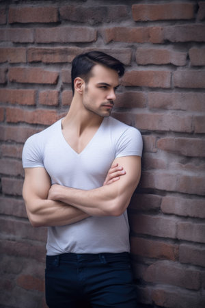 portrait of a confident man standing with his arms crossed against a brick wallの素材