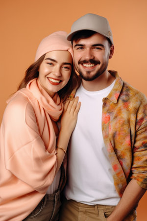 portrait of a happy young couple dressed in trendy casual wearの素材