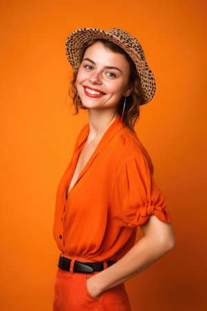 woman, fashion and studio with a smile in trendy clothing on an orange backgroundの素材