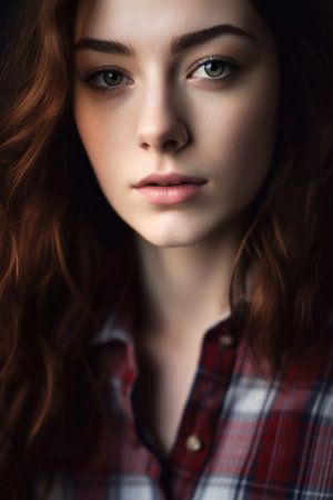closeup shot of a woman in a plaid shirtの素材