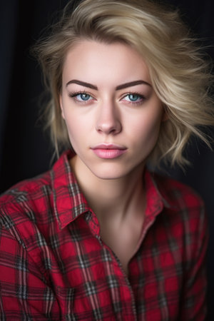 closeup shot of a woman in a plaid shirtの素材