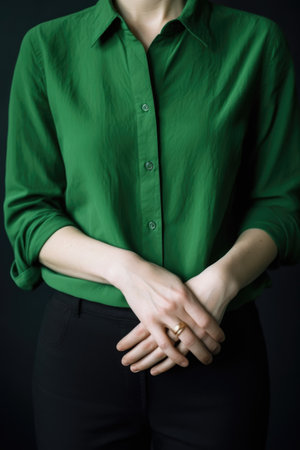 cropped shot of an unrecognizable woman wearing a green shirt and holding her hand to herの素材
