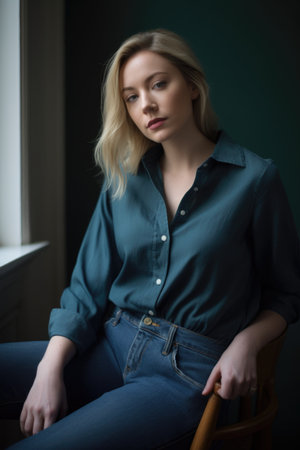 woman in sustainable fashion style wearing a long sleeve shirt and jeansの素材