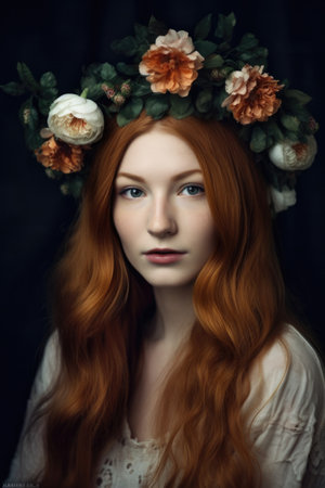 a beautiful young woman with flowers in her hairの素材