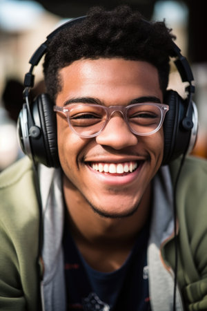 a smiling young man wearing glasses blocks out the world while listening to musicの素材