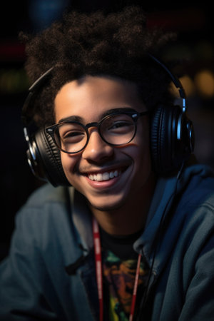 a smiling young man wearing glasses blocks out the world while listening to musicの素材