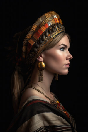 attractive woman in profile and wearing a headdressの素材