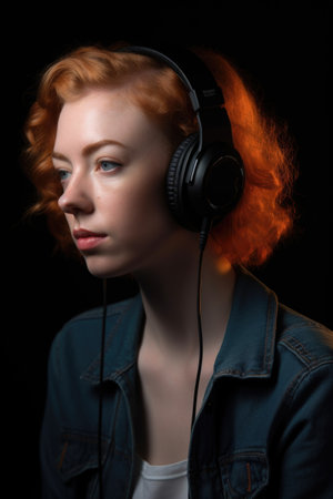 woman with headphones against studio backgroundの素材