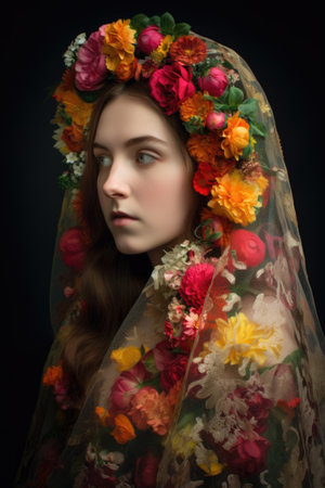 a beautiful young woman wearing a veil made of flowersの素材