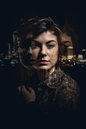 multiple exposure portrait of a woman superimposed over cityscape and photographed against dark backgroundの素材