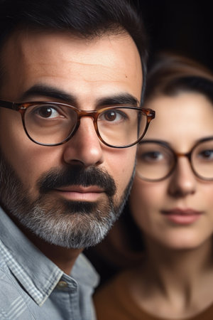 cropped view of a couple with the man wearing glassesの素材
