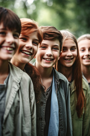 a group of young friends standing in a row and smiling at youの素材