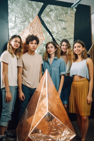 portrait of a group of friends posing with anamorphic art in a rowの素材