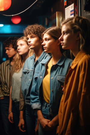 shot of a group of friends waiting in line to enter a clubの素材