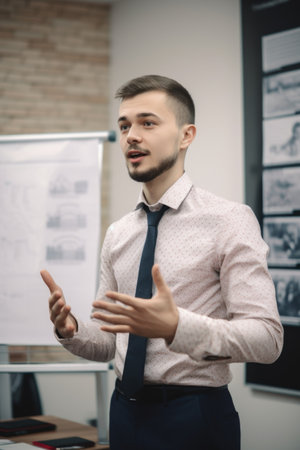 a young man giving a presentation to his colleaguesの素材