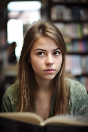 closeup portrait of a beautiful young student reading the newspaper in her book shopの素材