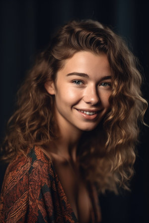 a young woman smiling while looking at the cameraの素材