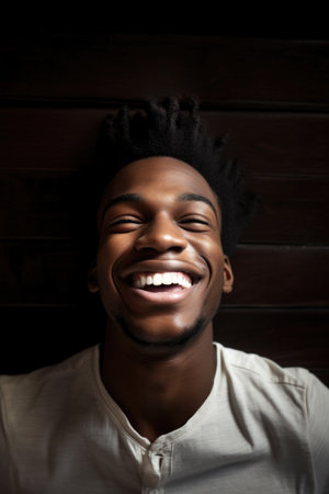 shot of a young man smiling from aboveの素材