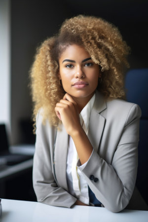 portrait of a confident young woman working on a laptop in her officeの素材