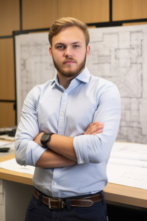portrait of a handsome young male engineer standing in his officeの素材